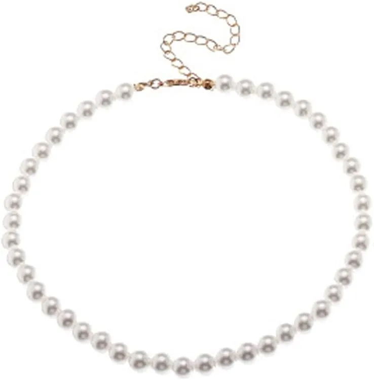 BSLVWG Pearl Bead String Necklace for Womens Jewellery Gift Size Clasp Adjustable Choker Necklace Round Imitation Pearl Choker Necklace Wedding Pearl Necklace for Brides White