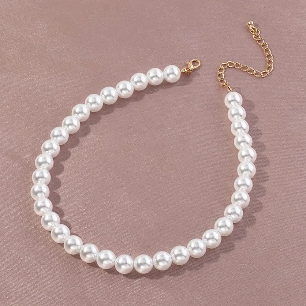 BSLVWG Pearl Bead String Necklace for Womens Jewellery Gift Size Clasp Adjustable Choker Necklace Round Imitation Pearl Choker Necklace Wedding Pearl Necklace for Brides White