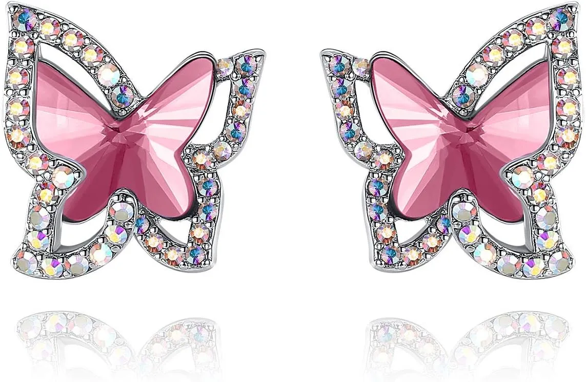 Butterfly Crystal Stud Earrings with Premium Birthstone, Silver-Tone