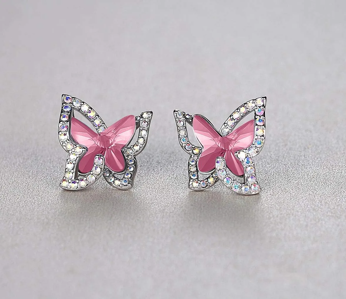 Butterfly Crystal Stud Earrings with Premium Birthstone, Silver-Tone