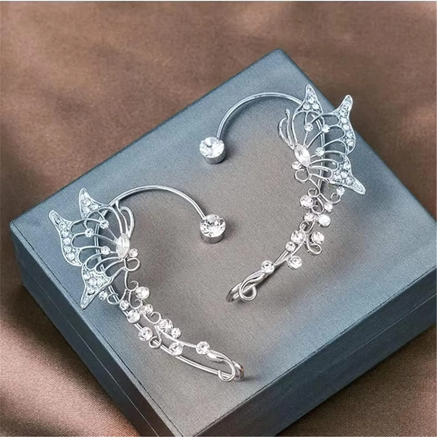 Butterfly Tassel Style Zircon Earrings, Long Shiny Zircon no Piercing Butterfly Ear Clips, Butterfly Flower Tassel Long Earrings Clips, Butterfly Ear Cuff (1pair Silver-#2)