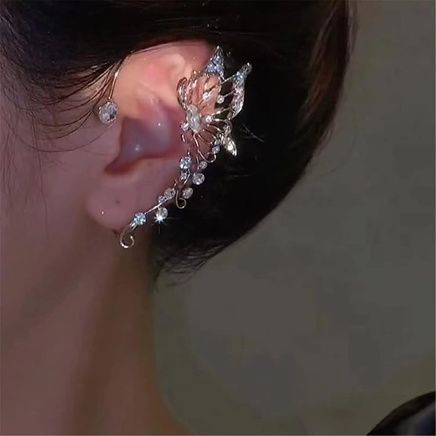 Butterfly Tassel Style Zircon Earrings, Long Shiny Zircon no Piercing Butterfly Ear Clips, Butterfly Flower Tassel Long Earrings Clips, Butterfly Ear Cuff (1pair Silver-#2)