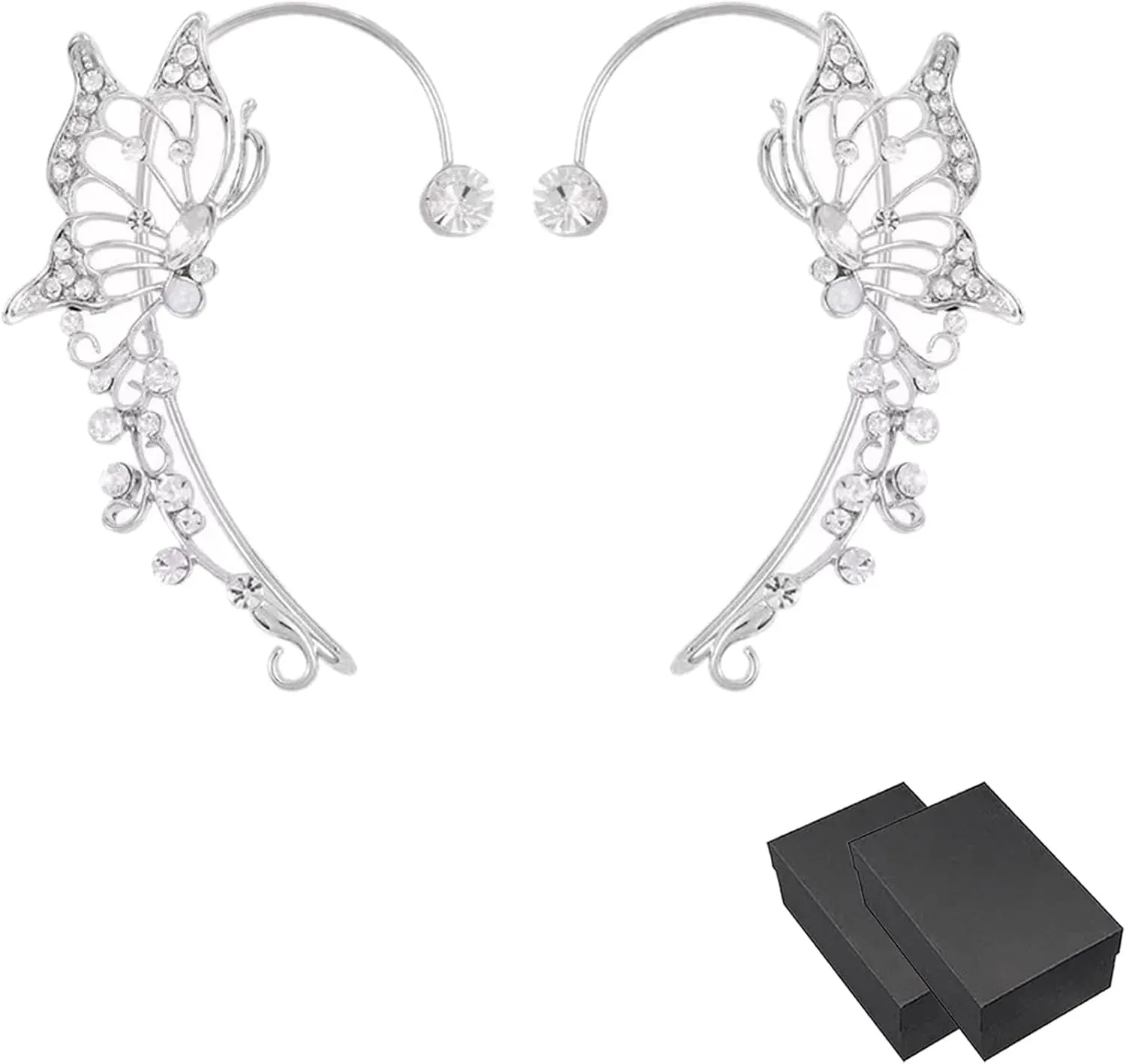 Butterfly Tassel Style Zircon Earrings, Long Shiny Zircon no Piercing Butterfly Ear Clips, Butterfly Flower Tassel Long Earrings Clips, Butterfly Ear Cuff (1pair Silver-#2)