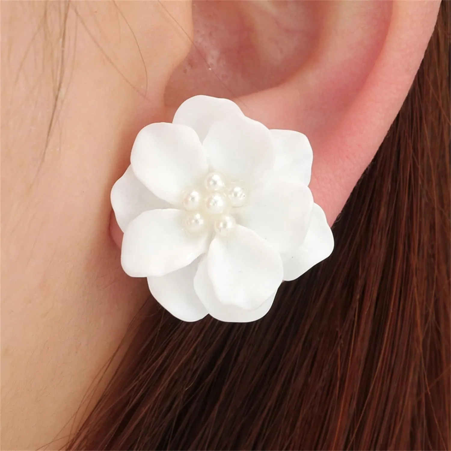 Camellia Flower Pearl Stud Earrings Boho Elegant White Pink Rose Floral Flowers Simulated Pearls Beads Lightweight Earrings for Women Wedding Bridal Birthday Party Spring Summer Holiday Jewelry Gifts