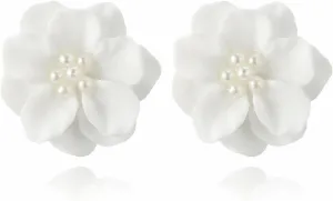 Camellia Flower Pearl Stud Earrings Boho Elegant White Pink Rose Floral Flowers Simulated Pearls Beads Lightweight Earrings for Women Wedding Bridal Birthday Party Spring Summer Holiday Jewelry Gifts