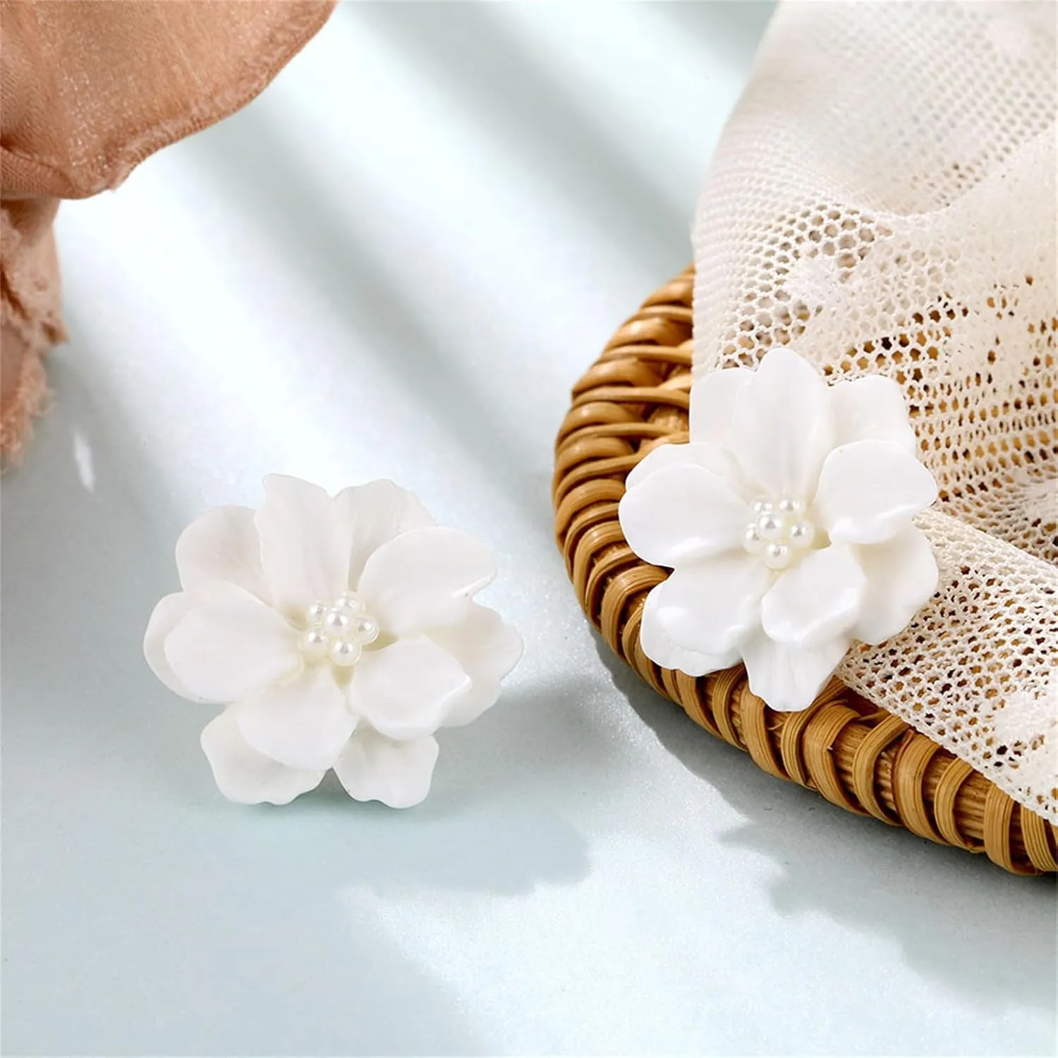 Camellia Flower Pearl Stud Earrings Boho Elegant White Pink Rose Floral Flowers Simulated Pearls Beads Lightweight Earrings for Women Wedding Bridal Birthday Party Spring Summer Holiday Jewelry Gifts