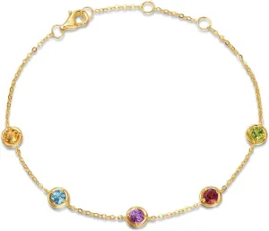 Carleen 14K Solid Yellow Gold 1 cttw Multicolored Peridot Citrine Blue Topaz Garnet Amethyst Dainty Delicate Petite Station Bracelet Birthstone Fine Jewelry Anniversary Christmas Holiday Gifts For Women Girls, 6 1.2 Inch