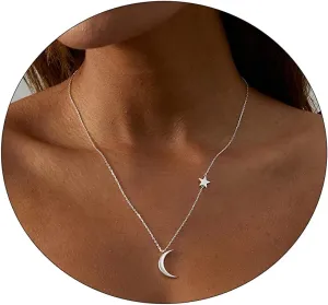 CAROVO Dainty Gold Moon Star Pendant Necklace 18K Gold Filled Cute Delicate Butterfly Heart Evil Eye Italian Horn Cornicello Protection Necklaces Minimalist Charm Jewelry Gift for Women