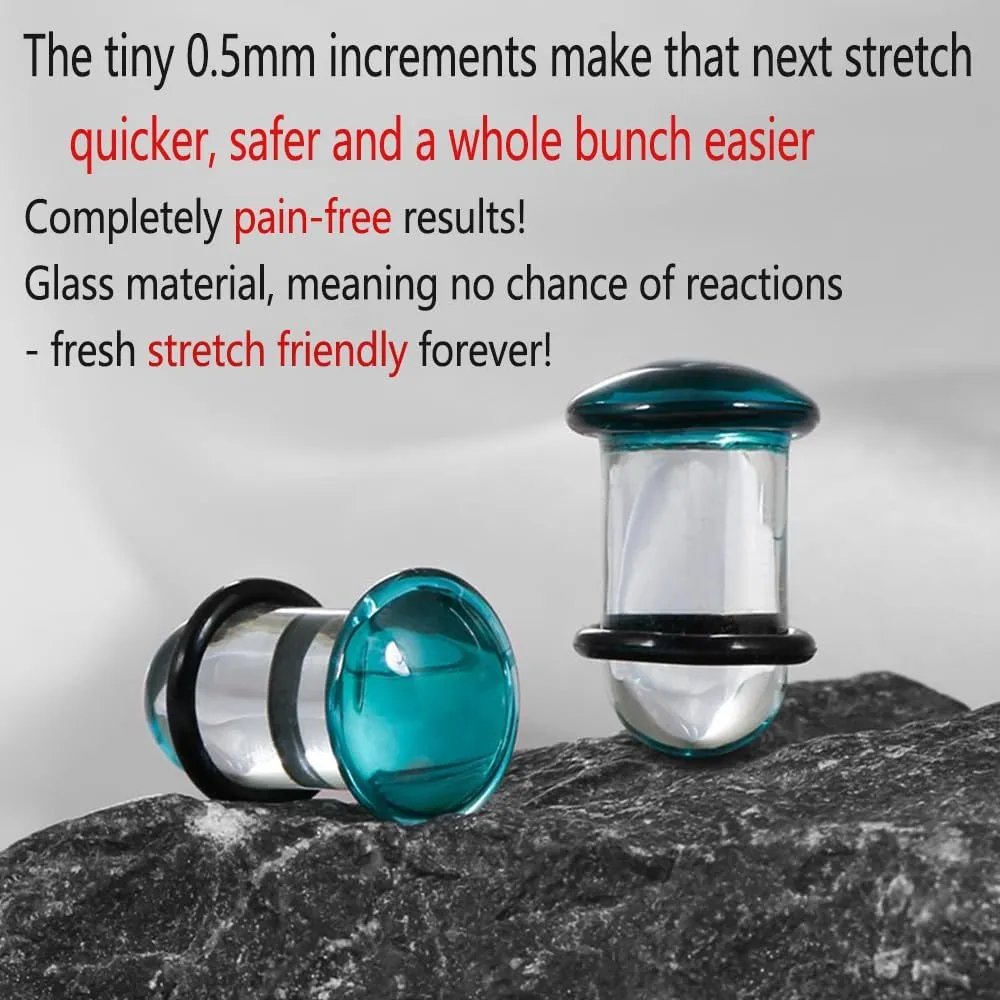 Casvort Unique 0.5mm Increments 14G-00g Comfy Pain-free Single Flare Glass Dead Stretching Plugs, Hypoallergenic Body Piercing Tapers, Pierced Ear Lobe Stretching Kits.
