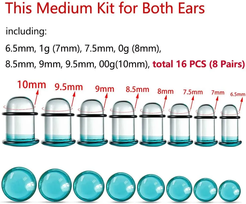 Casvort Unique 0.5mm Increments 14G-00g Comfy Pain-free Single Flare Glass Dead Stretching Plugs, Hypoallergenic Body Piercing Tapers, Pierced Ear Lobe Stretching Kits.