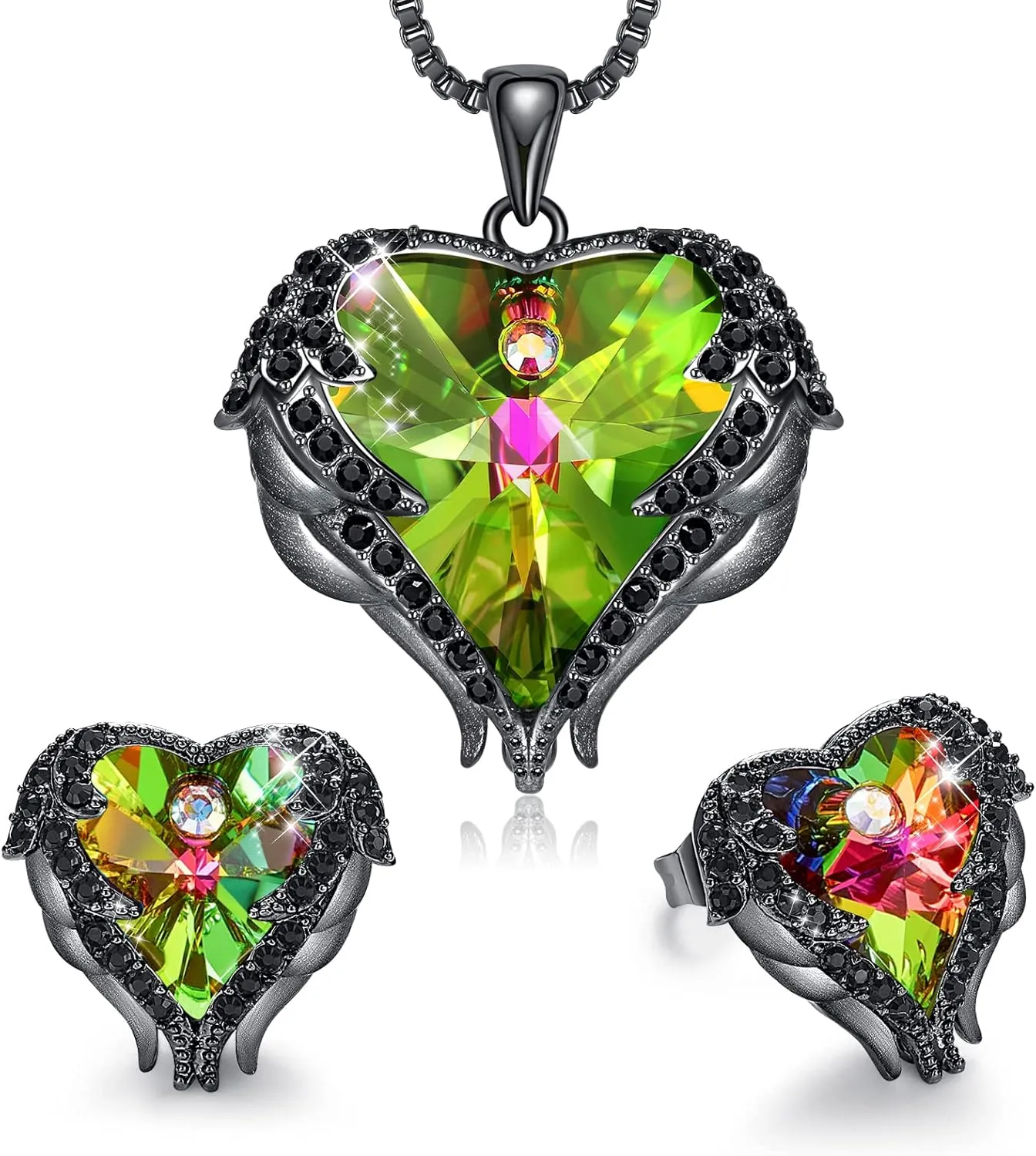 CDE Mothers Day Jewelry Set for Women, Angle Wing Heart Pendant Necklaces and Earrings with Birthstone Birthday/Anniversary Christmas Jewelry Gift for Women Wife Her