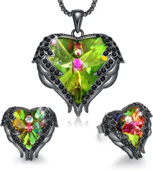 CDE Mothers Day Jewelry Set for Women, Angle Wing Heart Pendant Necklaces and Earrings with Birthstone Birthday/Anniversary Christmas Jewelry Gift for Women Wife Her