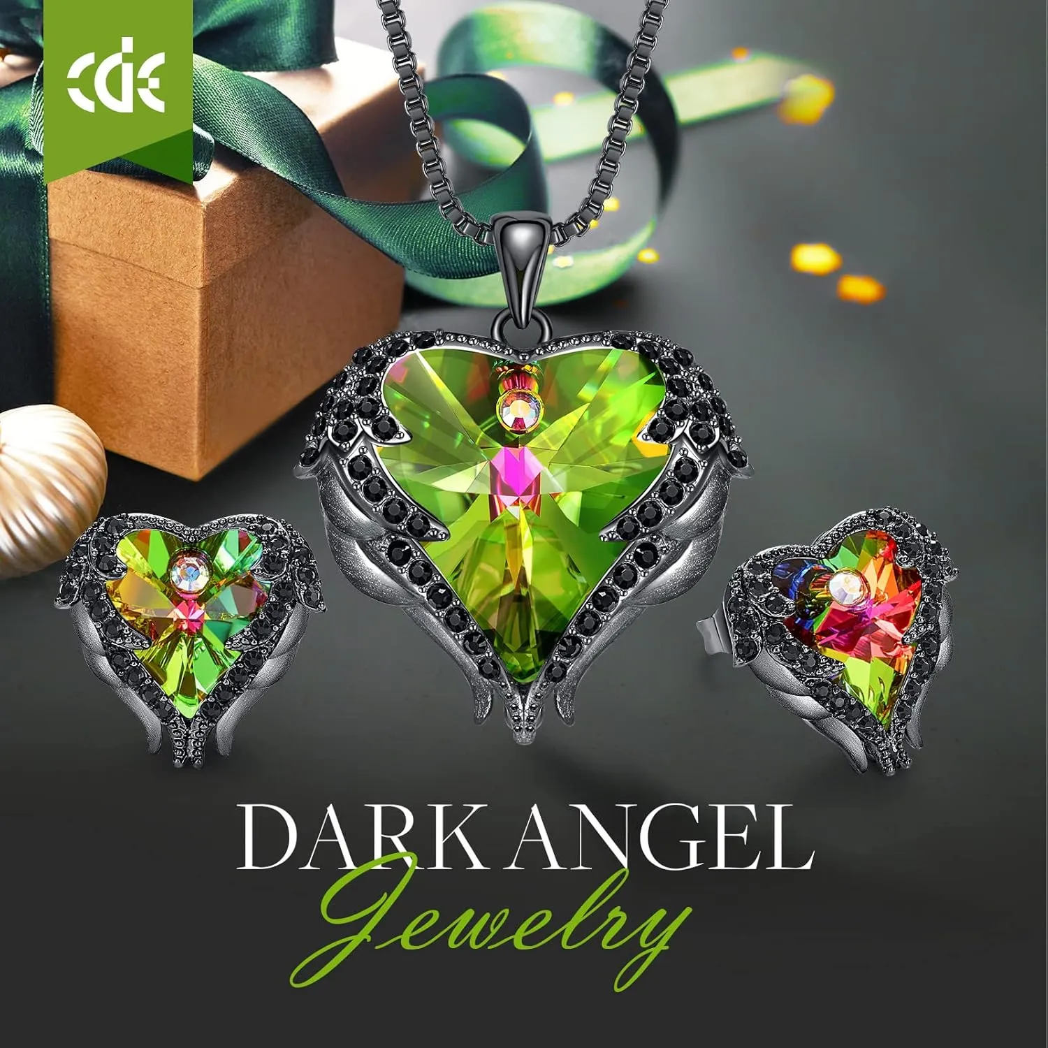 CDE Mothers Day Jewelry Set for Women, Angle Wing Heart Pendant Necklaces and Earrings with Birthstone Birthday/Anniversary Christmas Jewelry Gift for Women Wife Her