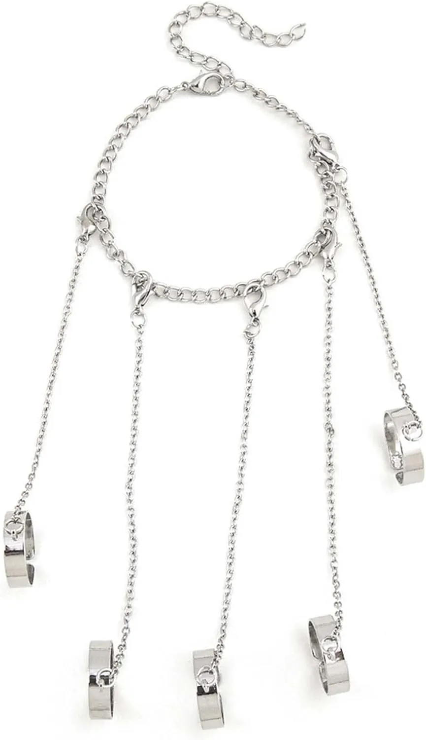 Chain Finger Rings Bracelet for Men Metal Punk Layered Chain Bracelet with Finger Rings for Women