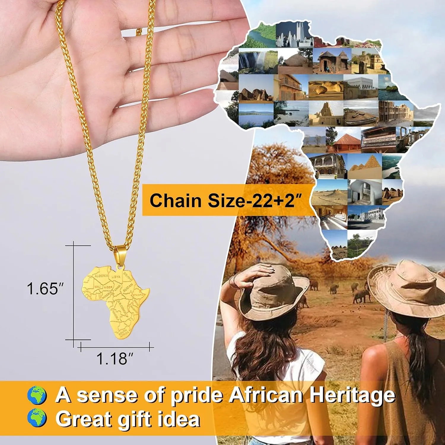 ChainsProMax Men African Continent Necklace Adjustable, Africa Map Jewelry, 316L Stainless Steel/Gold Plated (Send Gift Box)