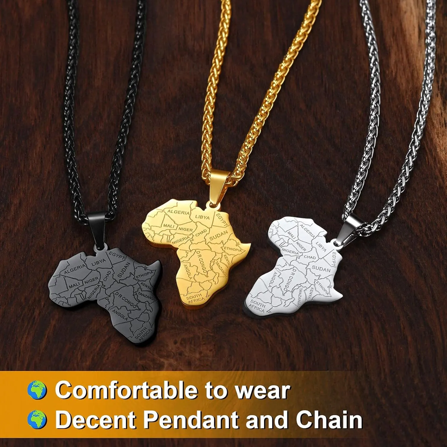 ChainsProMax Men African Continent Necklace Adjustable, Africa Map Jewelry, 316L Stainless Steel/Gold Plated (Send Gift Box)