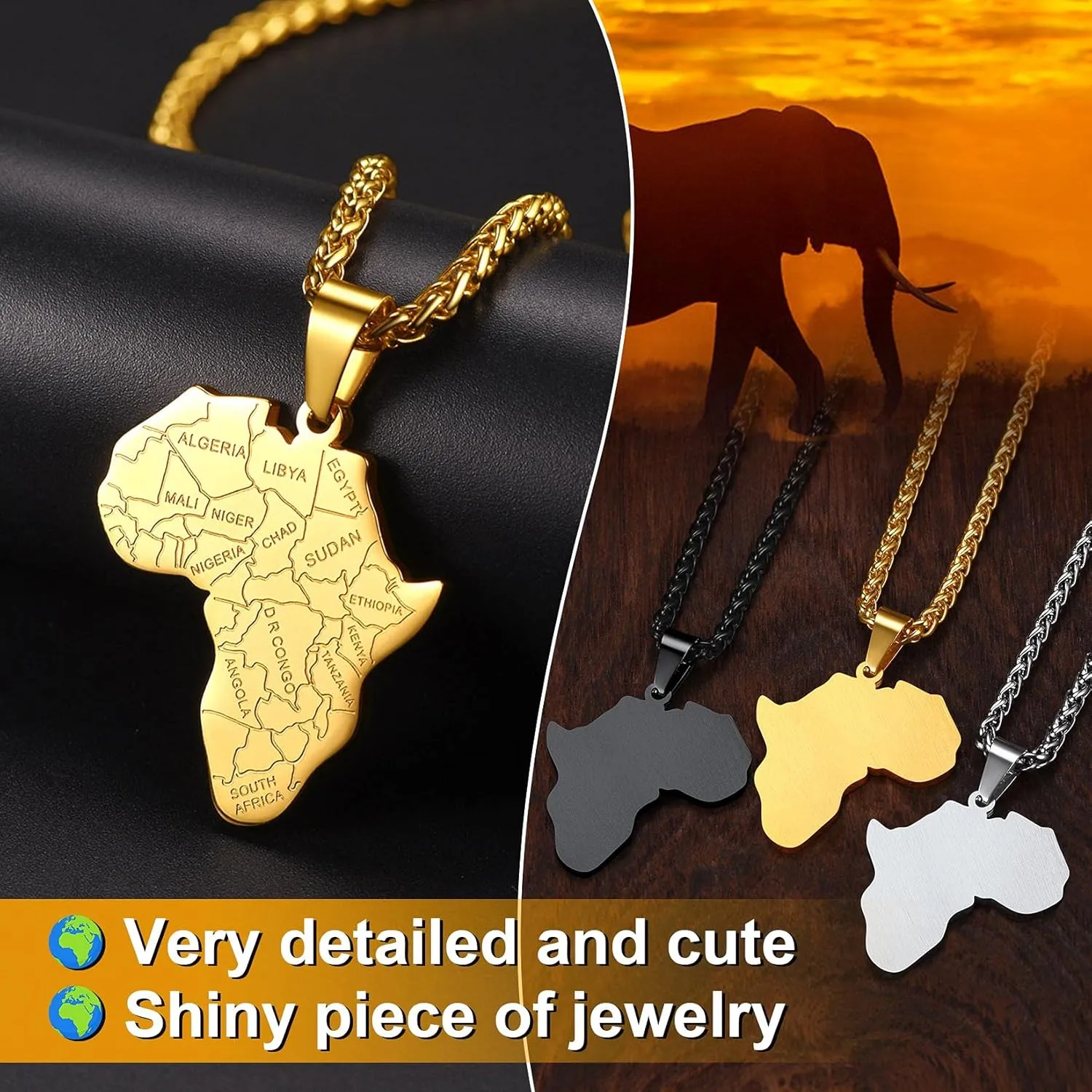 ChainsProMax Men African Continent Necklace Adjustable, Africa Map Jewelry, 316L Stainless Steel/Gold Plated (Send Gift Box)