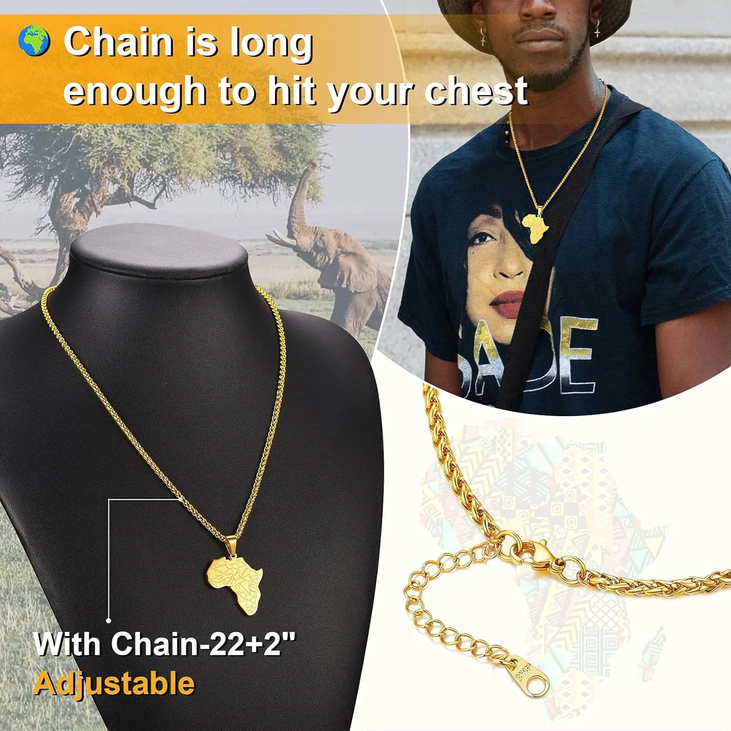 ChainsProMax Men African Continent Necklace Adjustable, Africa Map Jewelry, 316L Stainless Steel/Gold Plated (Send Gift Box)