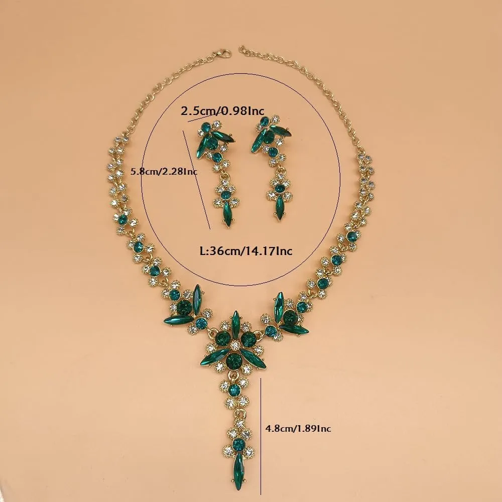 Chargances 3pcs Rhinestone Bride Wedding Jewelry Set Green Crystal Leaf Necklace Earring Set Shiny Bridal Prom Jewelry for Women