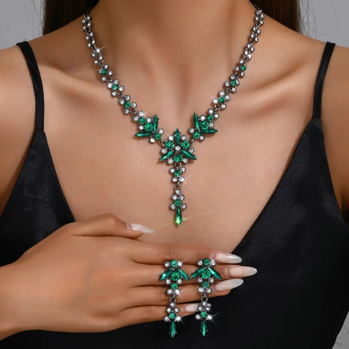 Chargances 3pcs Rhinestone Bride Wedding Jewelry Set Green Crystal Leaf Necklace Earring Set Shiny Bridal Prom Jewelry for Women