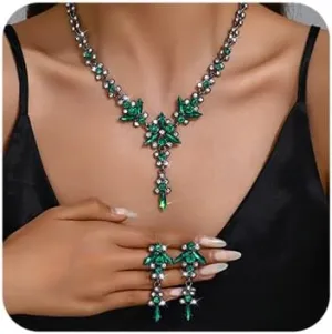 Chargances 3pcs Rhinestone Bride Wedding Jewelry Set Green Crystal Leaf Necklace Earring Set Shiny Bridal Prom Jewelry for Women