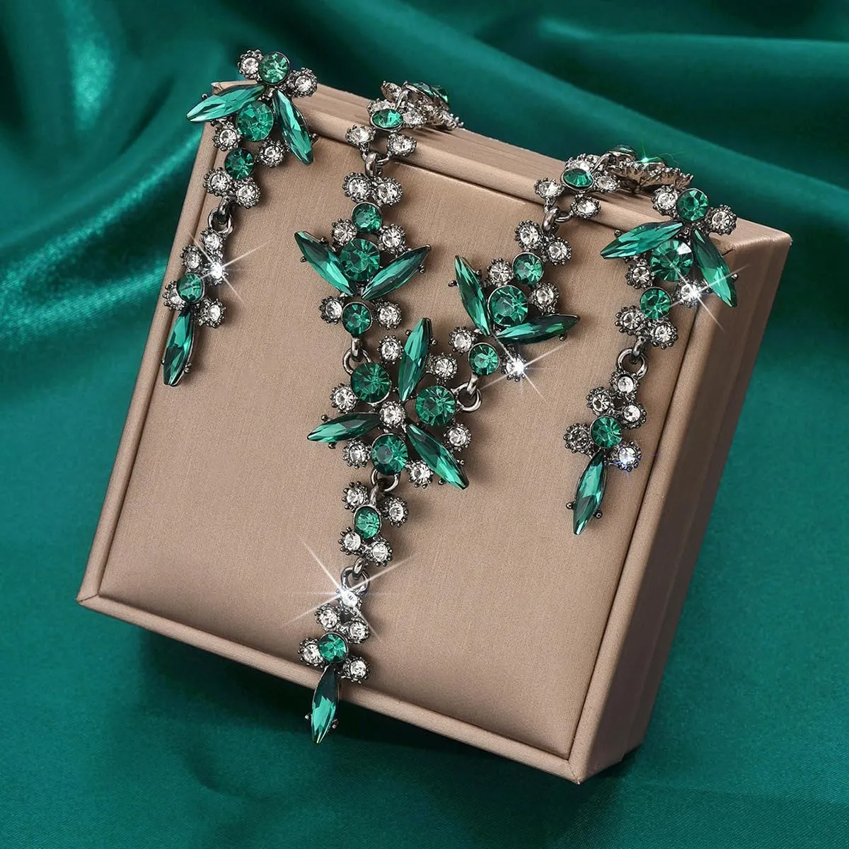 Chargances 3pcs Rhinestone Bride Wedding Jewelry Set Green Crystal Leaf Necklace Earring Set Shiny Bridal Prom Jewelry for Women