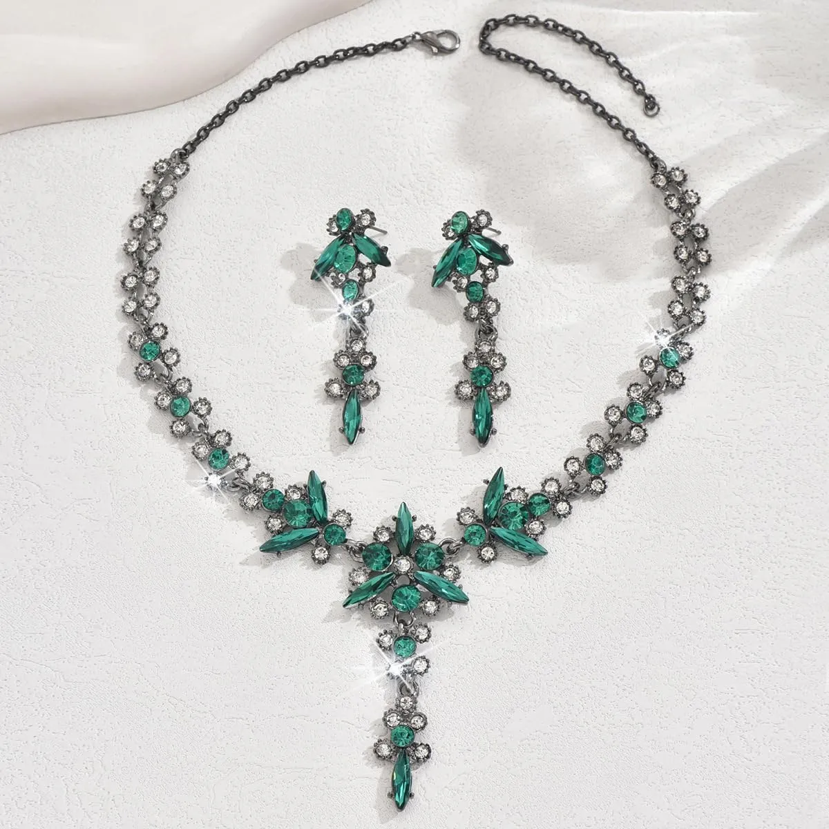 Chargances 3pcs Rhinestone Bride Wedding Jewelry Set Green Crystal Leaf Necklace Earring Set Shiny Bridal Prom Jewelry for Women