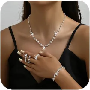 Chargances Crystal Bridal Jewelry Set 5pcs Elegant Rhinestone Teardrop Necklace Dangle Earrings Bracelet Ring Set Sparkly Wedding Accessories for Women(Style 1)