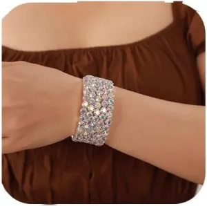 Chargances Sparkly Rhinestone Stackable Stretch Bracelets 5-Row Crystal Bling Hand Chain Bangle Bridal Body Jewelry Accessories for Women