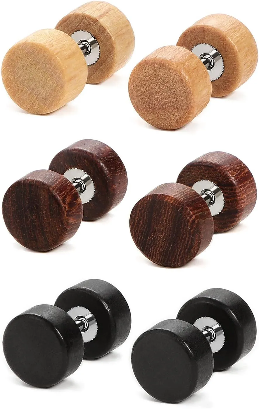 Charisma 16G Wood Faux Gauges Plugs Earrings For Men Women Wooden Fake plugs Gauge Studs Circle Flat Back Cheater Tunnel Dumbbell Earrings Women (3 Pairs,8mm)