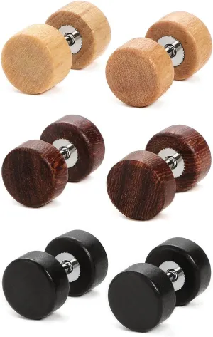Charisma 16G Wood Faux Gauges Plugs Earrings For Men Women Wooden Fake plugs Gauge Studs Circle Flat Back Cheater Tunnel Dumbbell Earrings Women (3 Pairs,8mm)