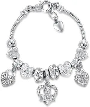 Charm Bracelet for Women, Heart Shape Glass Beads Sliver CZ Cross Snake Chain Bracelet, Trendy Charm Bracelet Jewelry Gifts for Women
