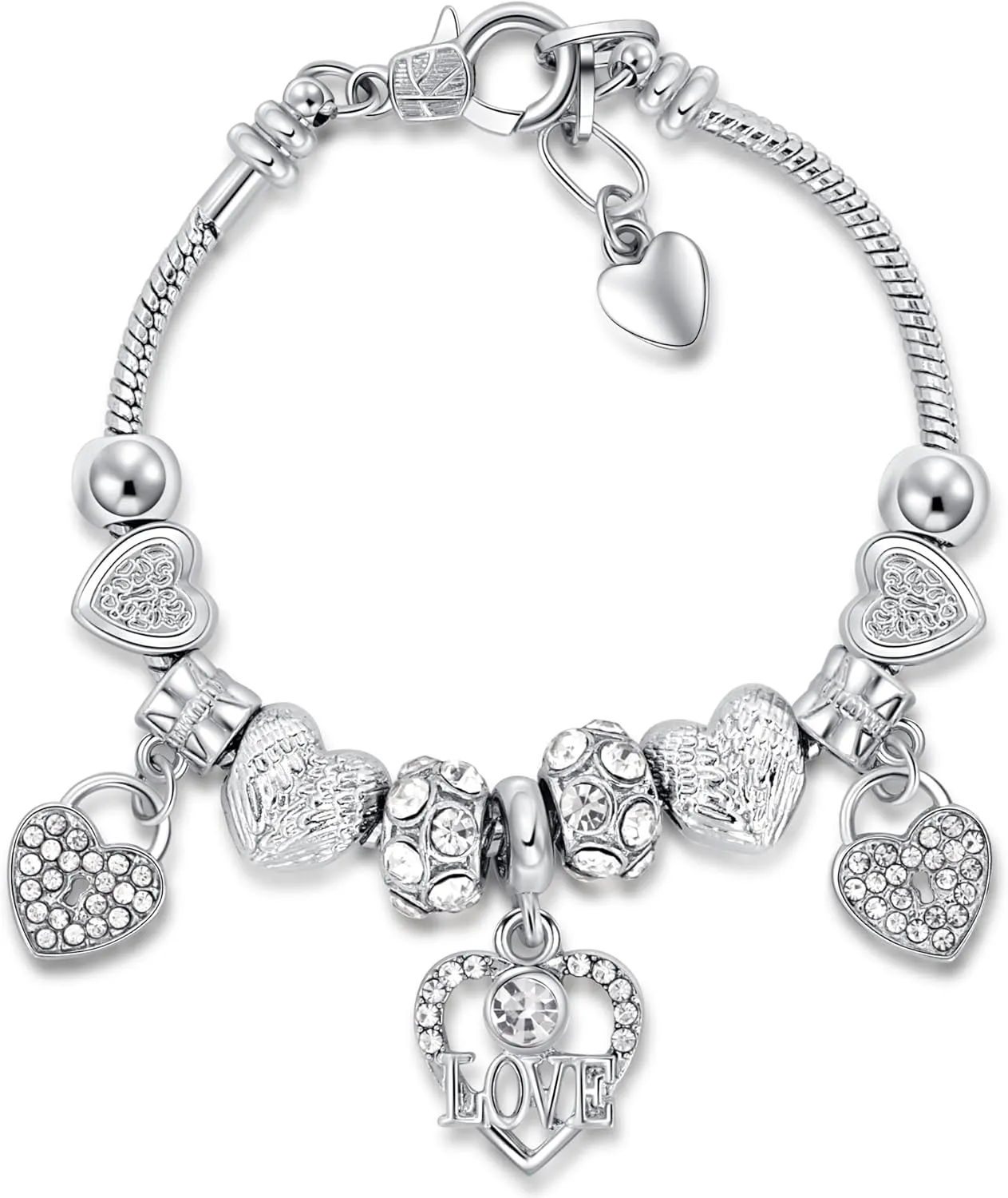 Charm Bracelet for Women, Heart Shape Glass Beads Sliver CZ Cross Snake Chain Bracelet, Trendy Charm Bracelet Jewelry Gifts for Women