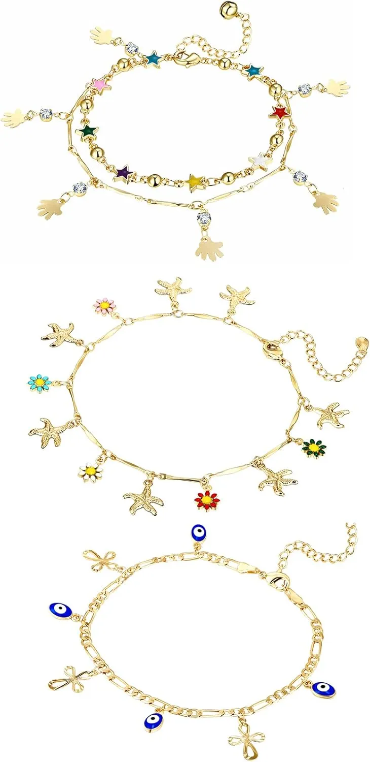 Charm Bracelets for Women 14K Yellow Gold Ankle Bracelet Anklet Evil Eye Star Star Shell Beads Wrist Chain Adjustable 7-11 inches