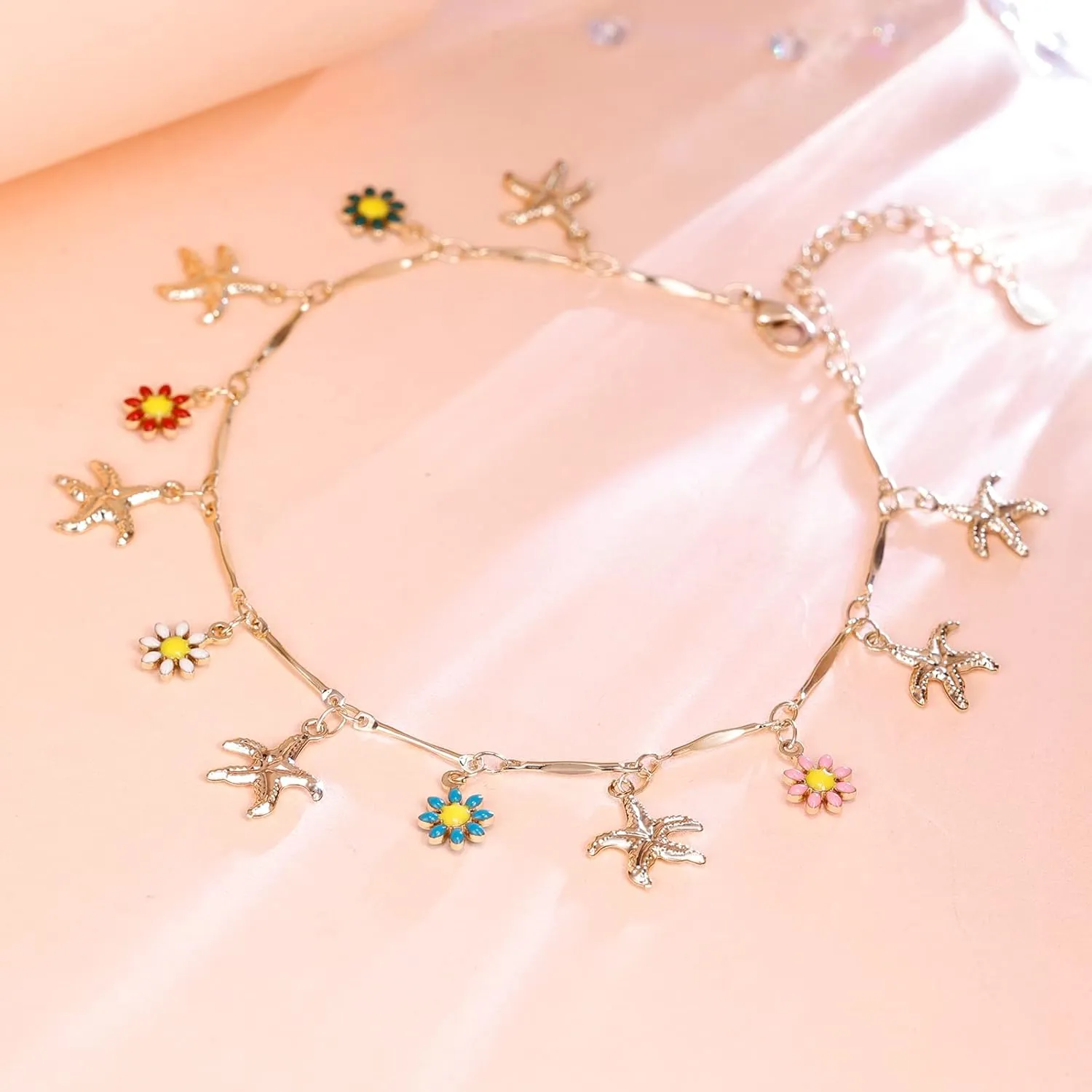 Charm Bracelets for Women 14K Yellow Gold Ankle Bracelet Anklet Evil Eye Star Star Shell Beads Wrist Chain Adjustable 7-11 inches
