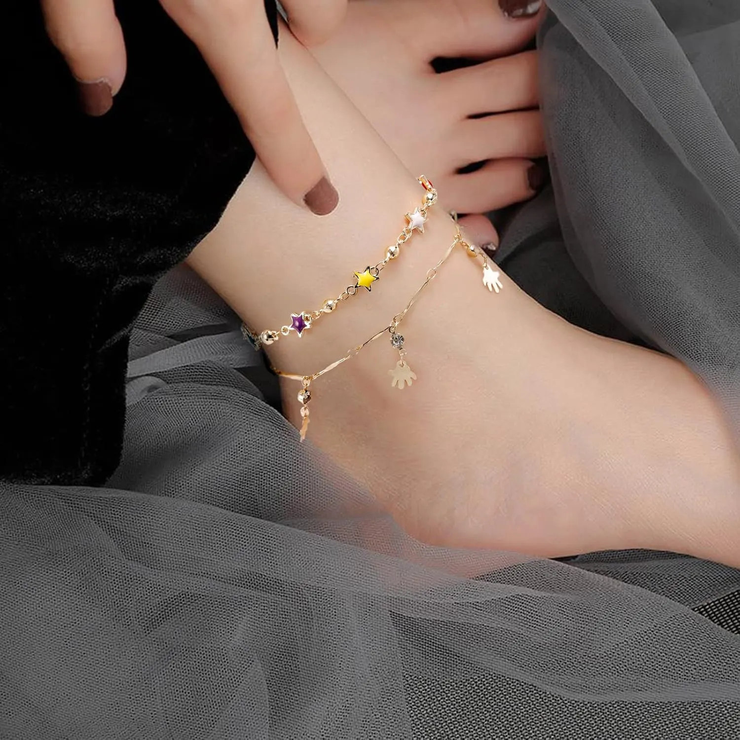 Charm Bracelets for Women 14K Yellow Gold Ankle Bracelet Anklet Evil Eye Star Star Shell Beads Wrist Chain Adjustable 7-11 inches
