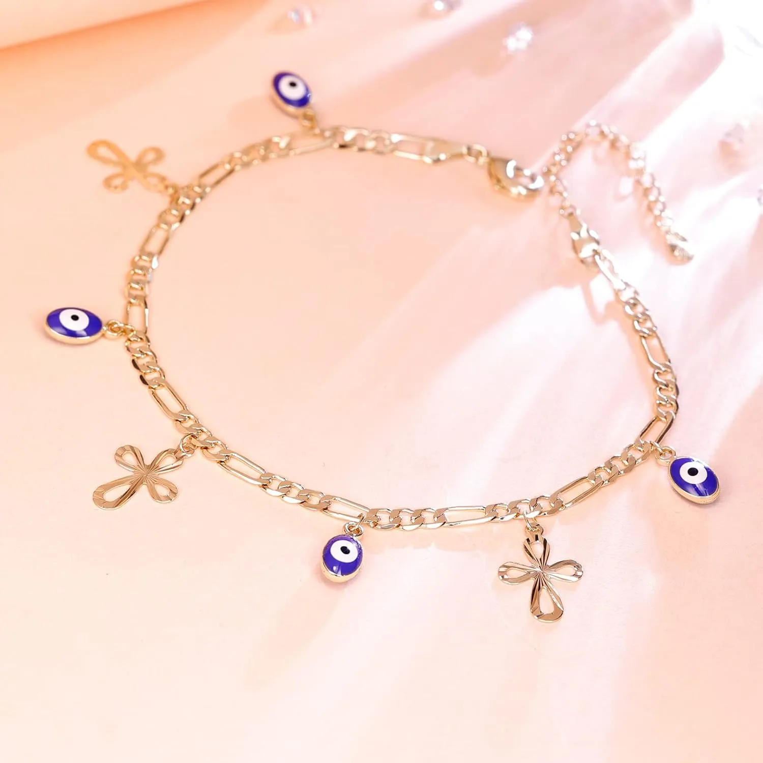 Charm Bracelets for Women 14K Yellow Gold Ankle Bracelet Anklet Evil Eye Star Star Shell Beads Wrist Chain Adjustable 7-11 inches