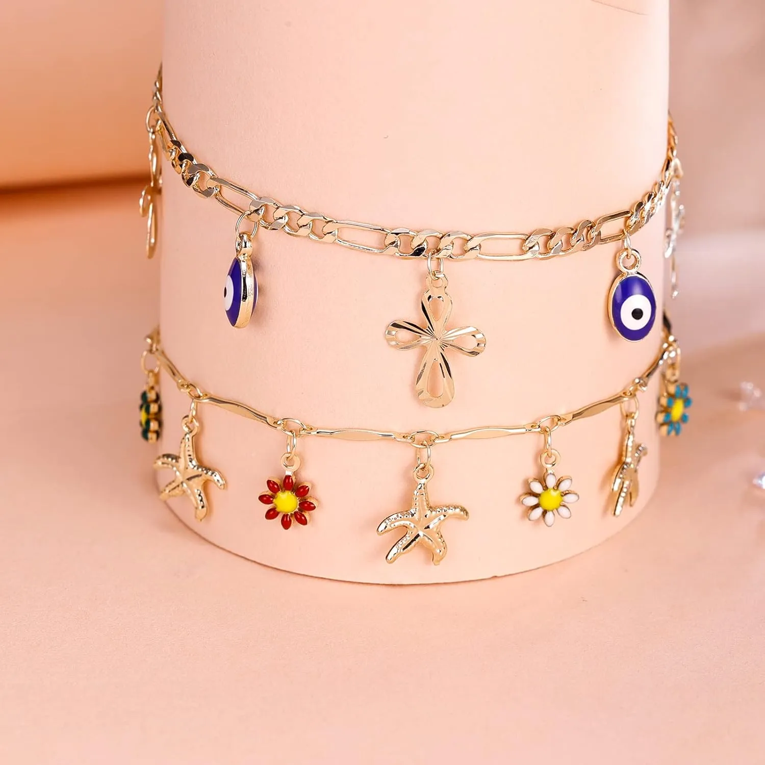 Charm Bracelets for Women 14K Yellow Gold Ankle Bracelet Anklet Evil Eye Star Star Shell Beads Wrist Chain Adjustable 7-11 inches