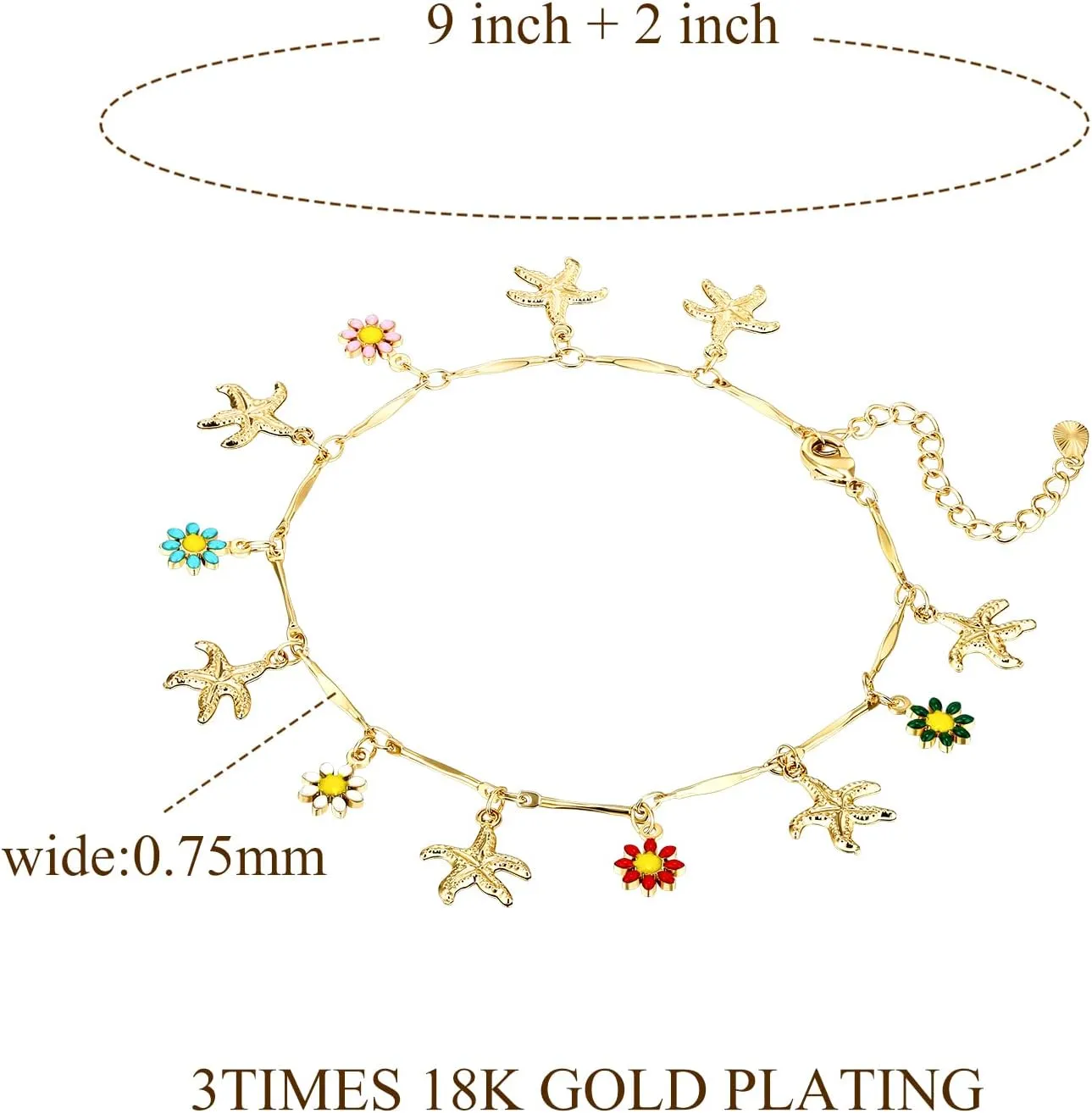 Charm Bracelets for Women 14K Yellow Gold Ankle Bracelet Anklet Evil Eye Star Star Shell Beads Wrist Chain Adjustable 7-11 inches