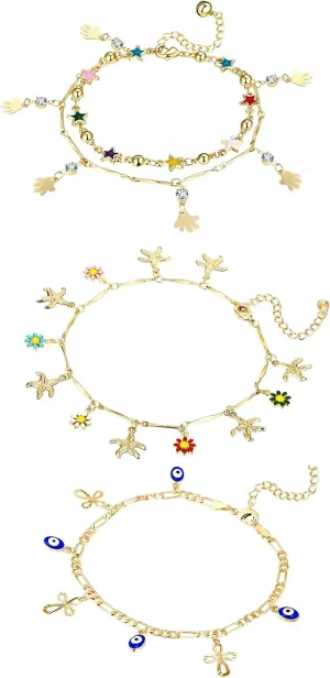 Charm Bracelets for Women 14K Yellow Gold Ankle Bracelet Anklet Evil Eye Star Star Shell Beads Wrist Chain Adjustable 7-11 inches