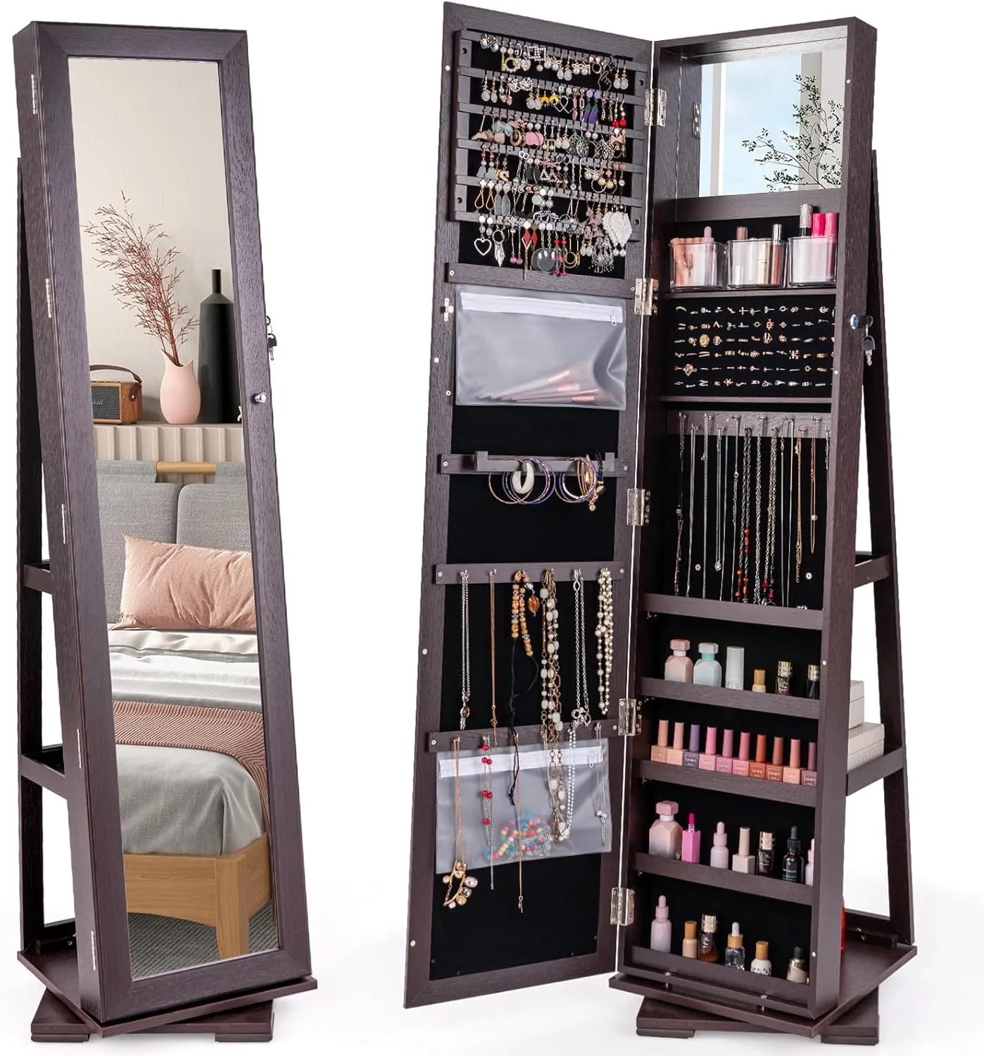 CHARMAID 360 Swivel Jewelry Armoire with Full Length Mirror, Standing Lockable Jewelry Cabinet Organizer, Large Storage Capacity, Inside Makeup Mirror, Back Storage Shelves (Espresso)