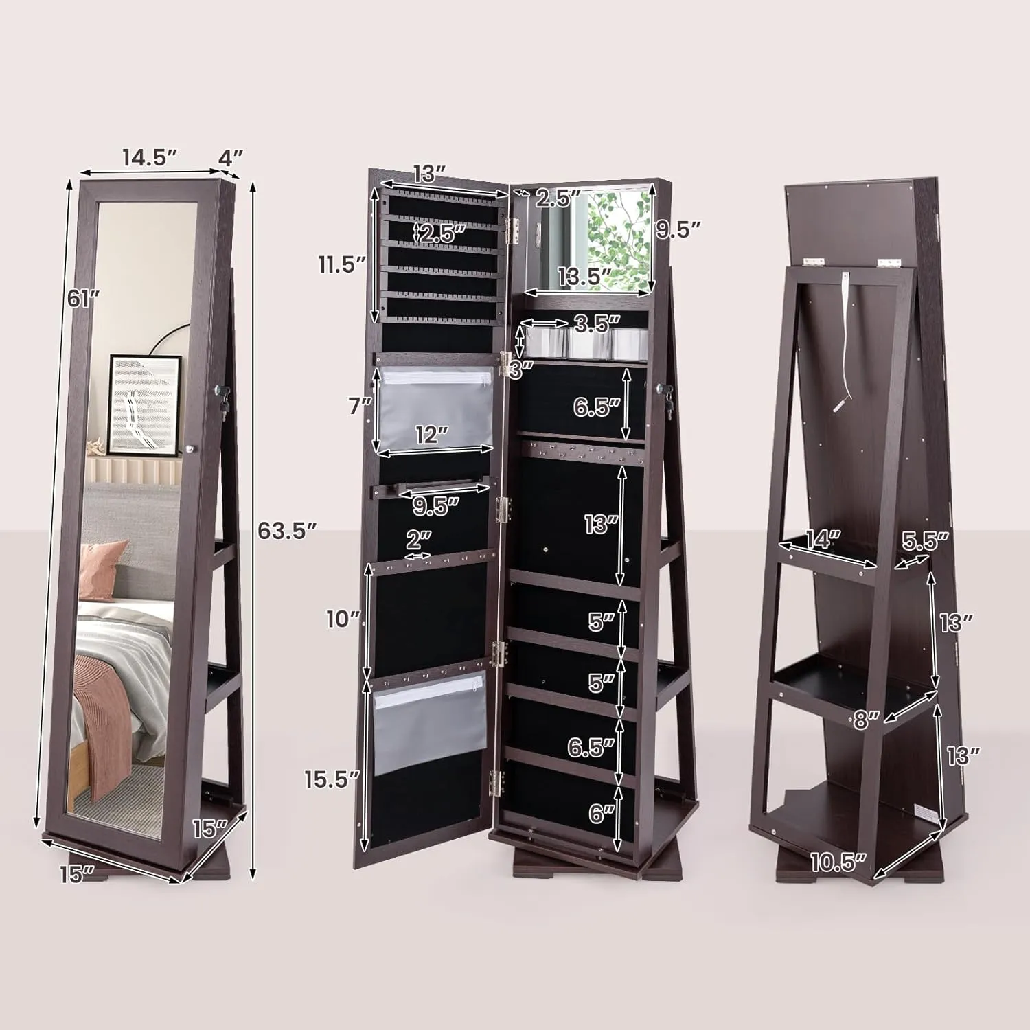 CHARMAID 360 Swivel Jewelry Armoire with Full Length Mirror, Standing Lockable Jewelry Cabinet Organizer, Large Storage Capacity, Inside Makeup Mirror, Back Storage Shelves (Espresso)