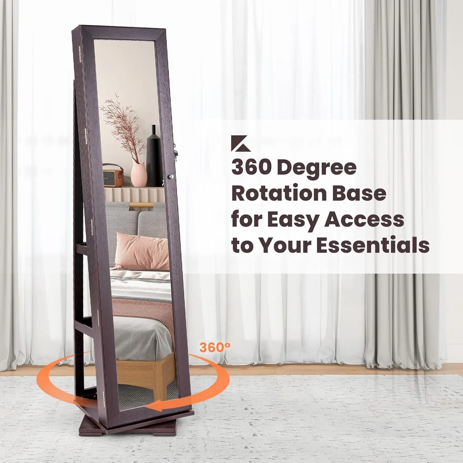 CHARMAID 360 Swivel Jewelry Armoire with Full Length Mirror, Standing Lockable Jewelry Cabinet Organizer, Large Storage Capacity, Inside Makeup Mirror, Back Storage Shelves (Espresso)