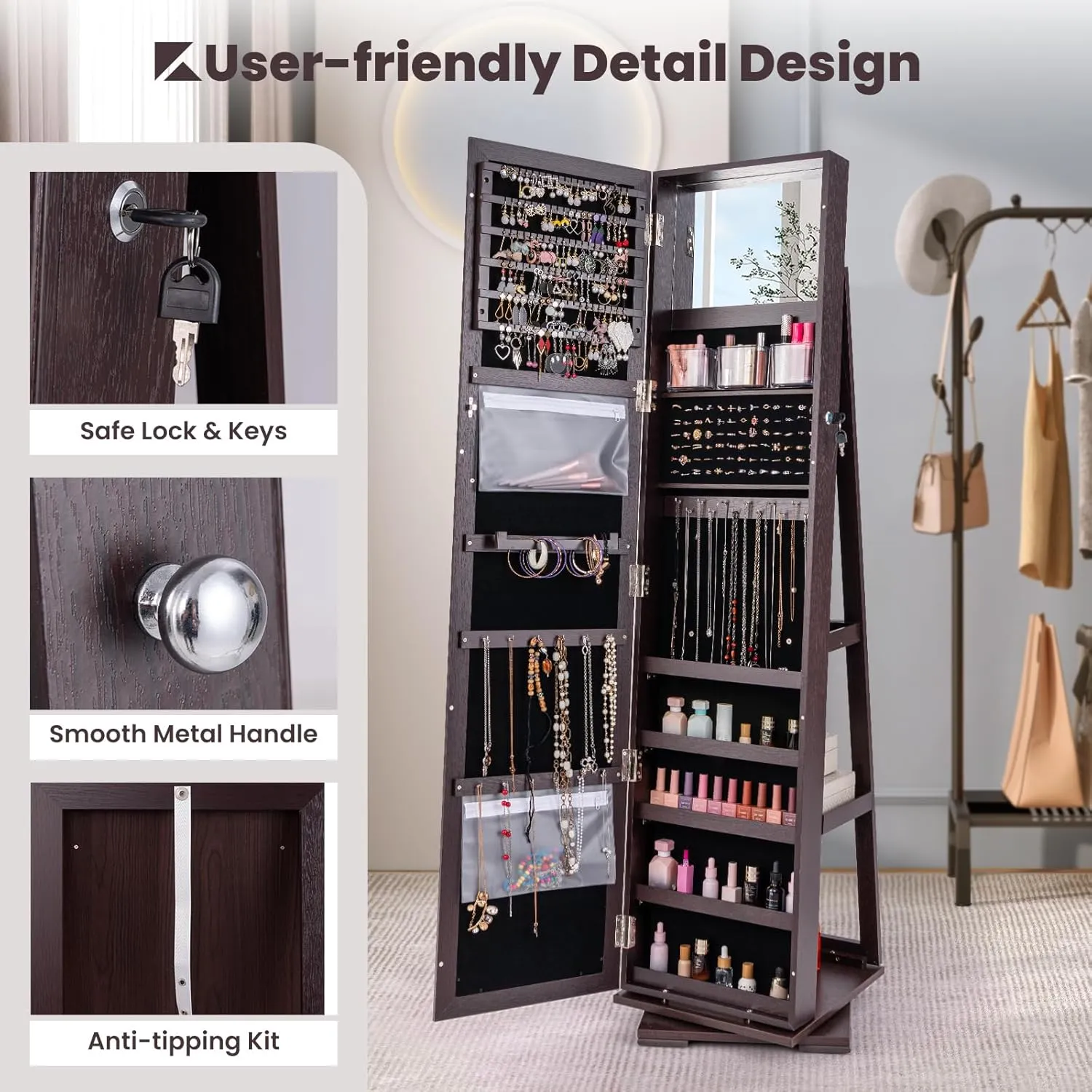 CHARMAID 360 Swivel Jewelry Armoire with Full Length Mirror, Standing Lockable Jewelry Cabinet Organizer, Large Storage Capacity, Inside Makeup Mirror, Back Storage Shelves (Espresso)
