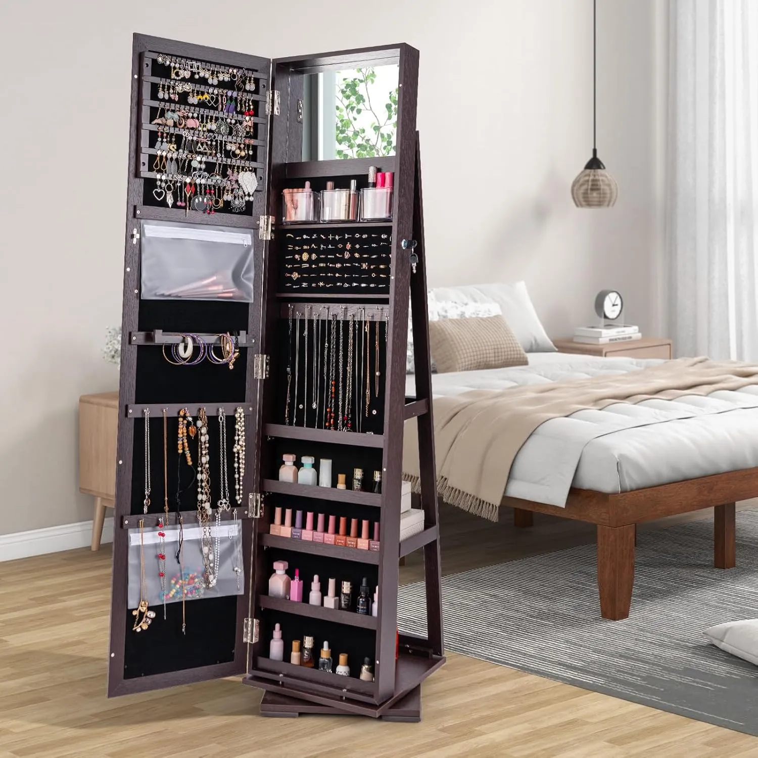 CHARMAID 360 Swivel Jewelry Armoire with Full Length Mirror, Standing Lockable Jewelry Cabinet Organizer, Large Storage Capacity, Inside Makeup Mirror, Back Storage Shelves (Espresso)