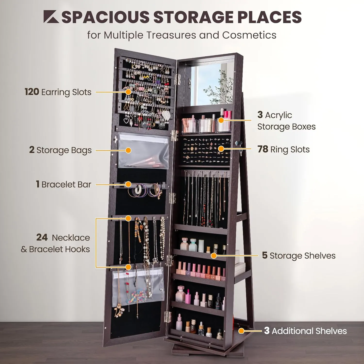 CHARMAID 360 Swivel Jewelry Armoire with Full Length Mirror, Standing Lockable Jewelry Cabinet Organizer, Large Storage Capacity, Inside Makeup Mirror, Back Storage Shelves (Espresso)
