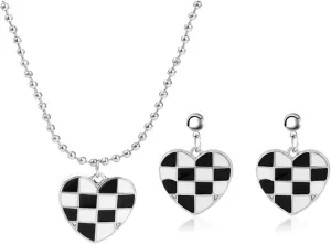 Checkered Heart Necklace Earrings Unique Elegant Enamel Checker Black White Plaid Checkerboard Hearts Love Shaped Geometric Jewelry Set for Women Minimalist Birthday Christmas Party Fashion Jewelry Gifts