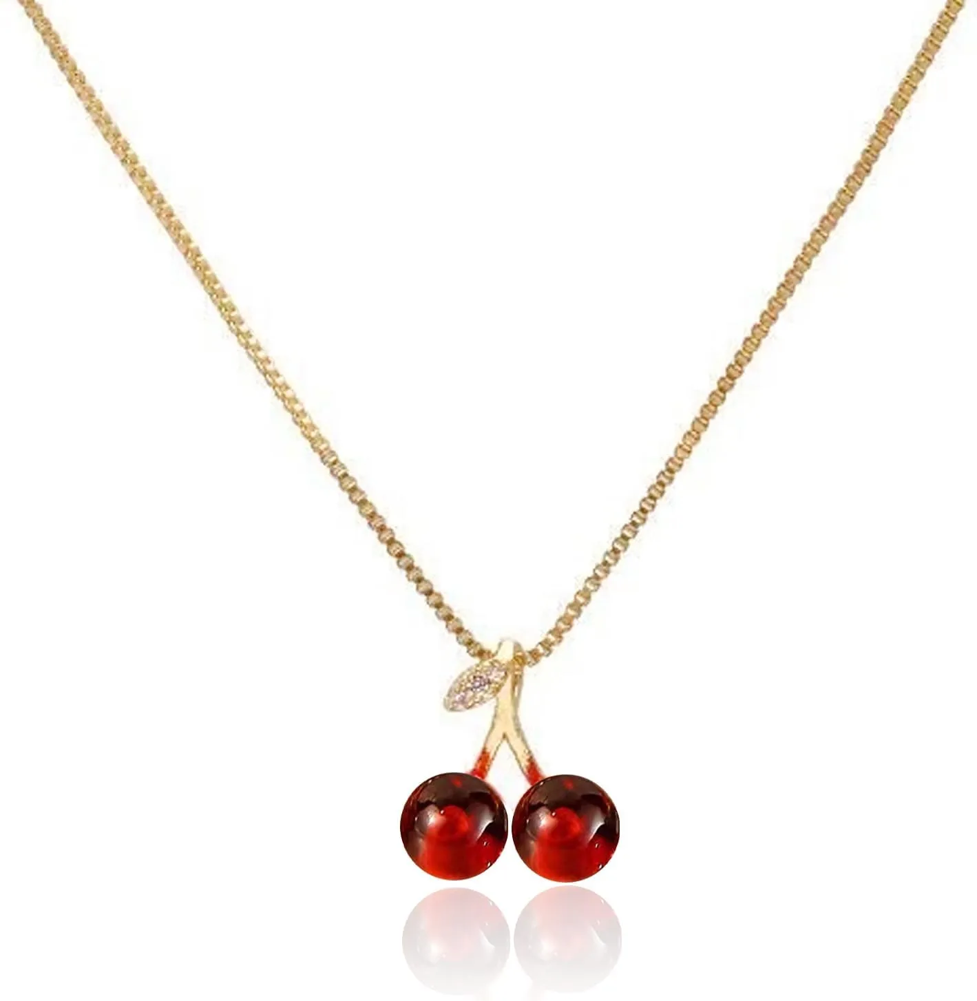 Cherry Charm Necklace - Dainty Gold Chain with Red Heart Pendant
