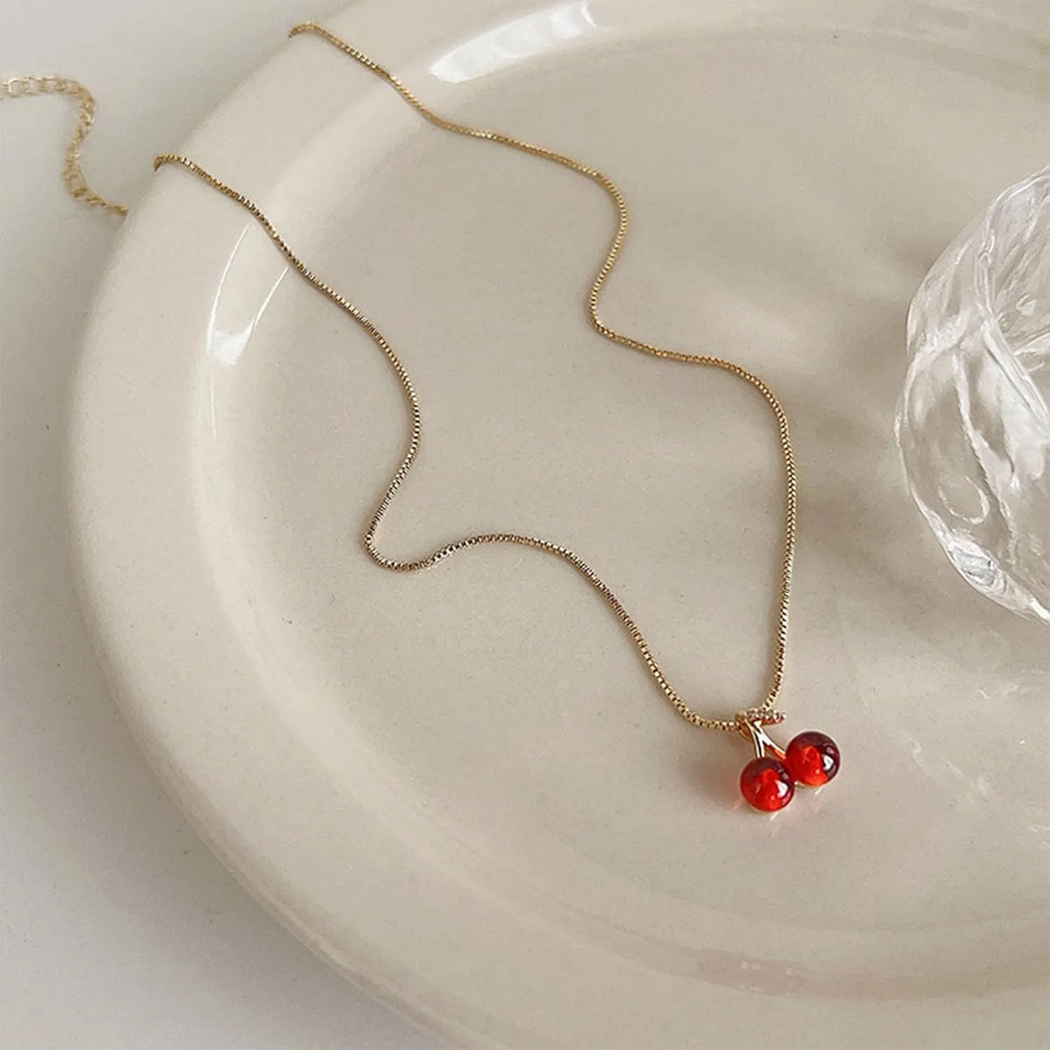 Cherry Charm Necklace - Dainty Gold Chain with Red Heart Pendant