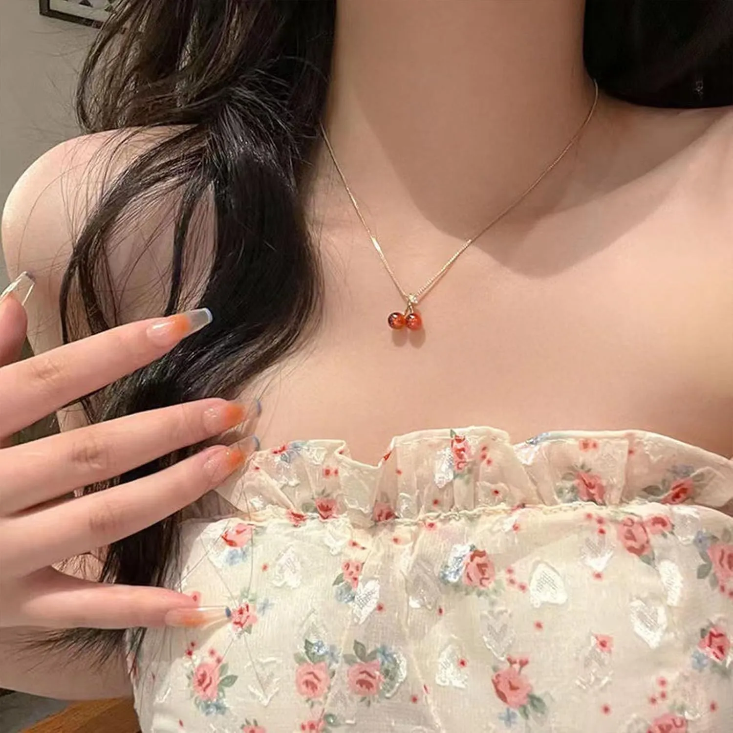 Cherry Charm Necklace - Dainty Gold Chain with Red Heart Pendant